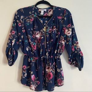 SWS Floral Flowy Peplum Blouse with 1/2-Zip Front